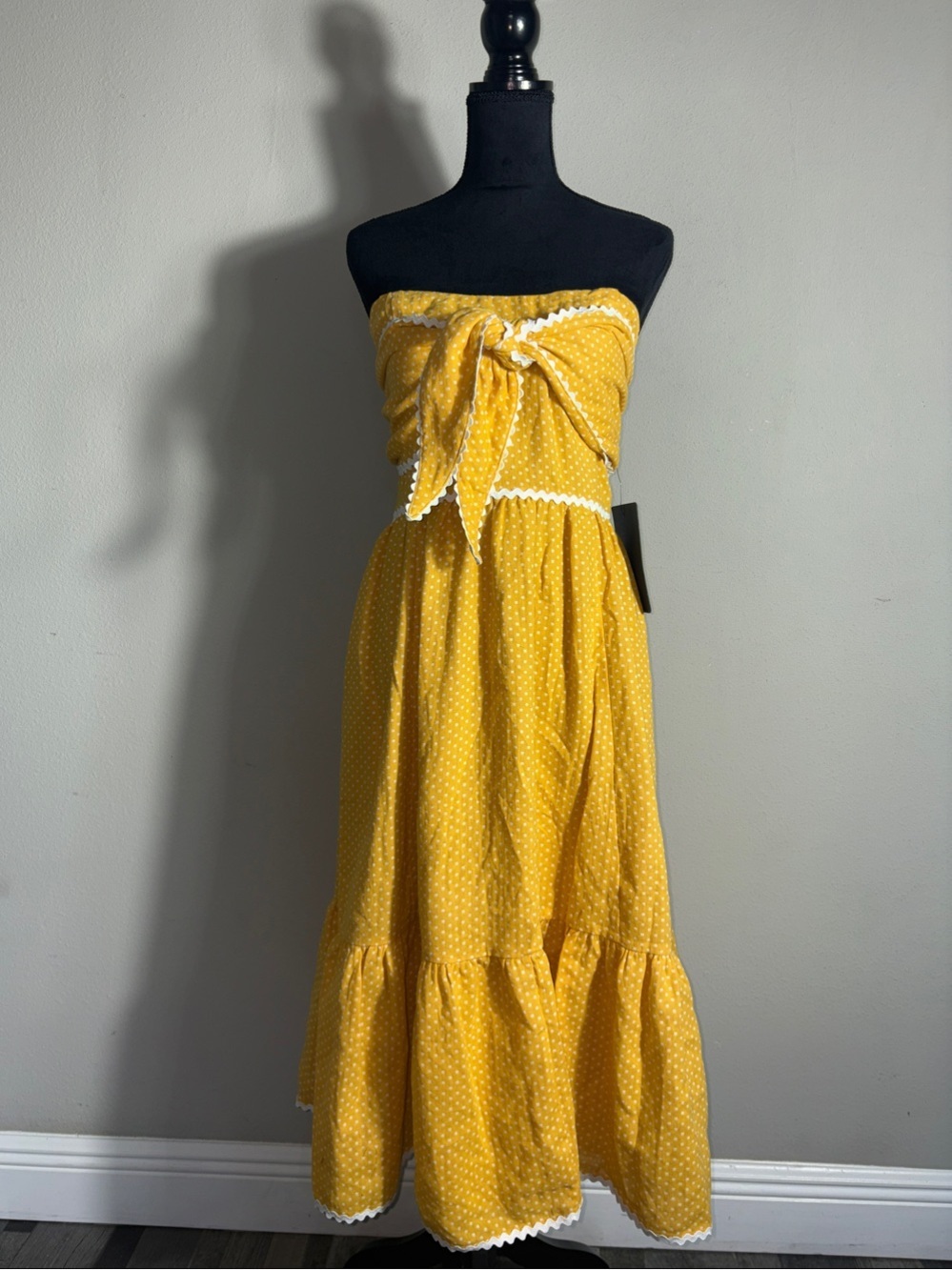 Lulu's Strapless Yellow Midi Dress with White Trim and Tie Front - Picture 2 of 5